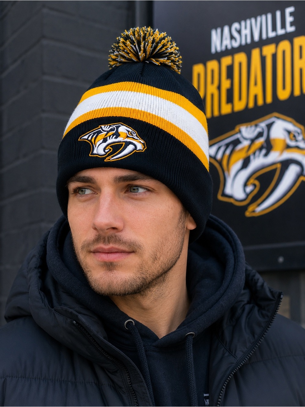 Nashville Predators NHL Pom Beanie Black Gold Knit Winter Hat OTS